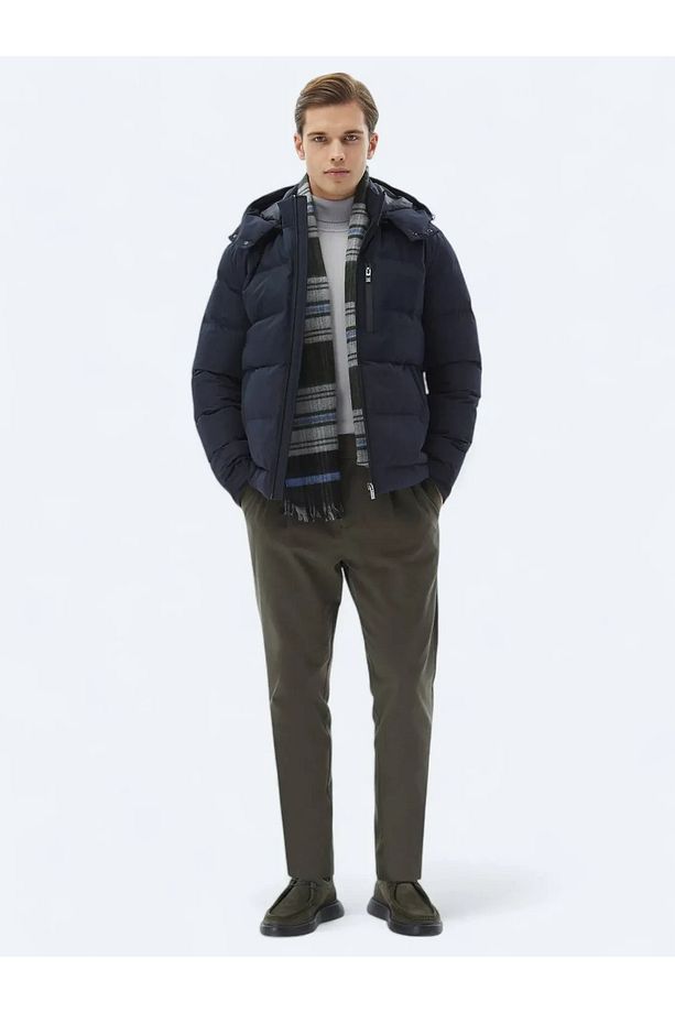 Lacivert Regular Fit Kapüşonlu Casual Dokuma Mont - 2