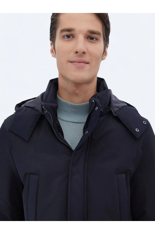 Lacivert Regular Fit Kapüşonlu Casual Dokuma Kaban - 4