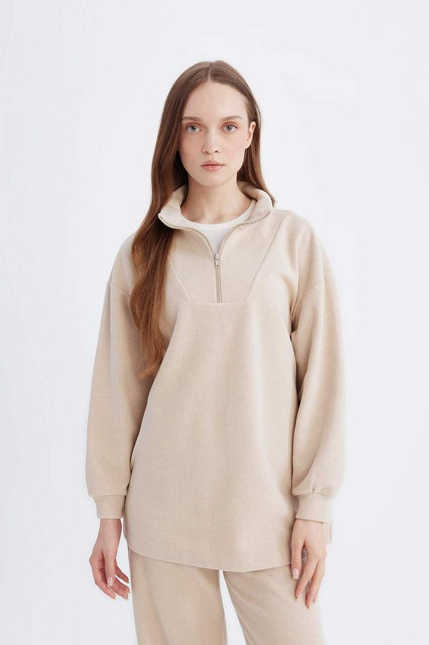 Regular Fit Yarım Fermuarlı Dik Yaka Selanik Kumaş Basic Düz Uzun Kollu Tunik B4306AX24WN - 3