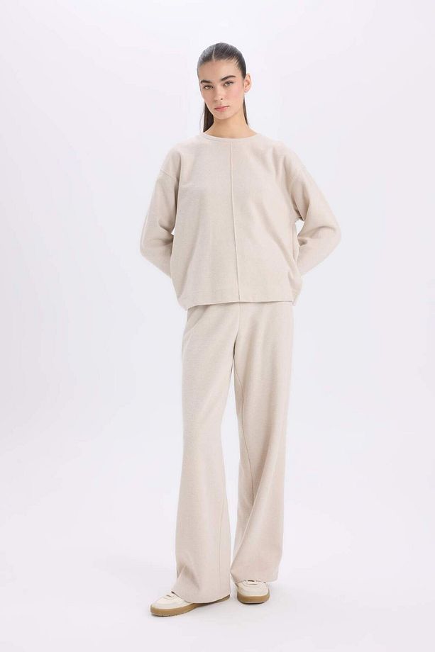2li Takım Bisiklet Yaka Uzun Kollu Basic Düz Üst Wide Leg Geniş Bol Paça Alt E1712AX24WN - 3