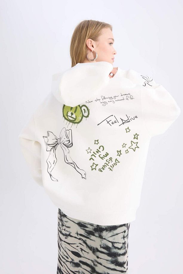 Coool Oversize Geniş Kalıp Kapüşonlu Sırt Baskılı Kalın Sweatshirt D6705AX24WN - 1