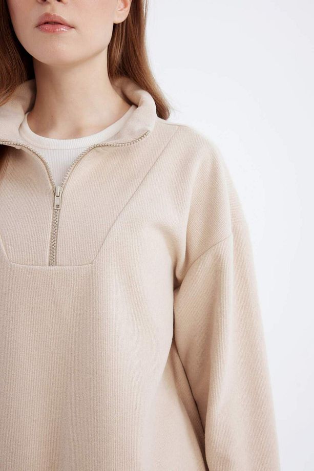 Regular Fit Yarım Fermuarlı Dik Yaka Selanik Kumaş Basic Düz Uzun Kollu Tunik B4306AX24WN - 6