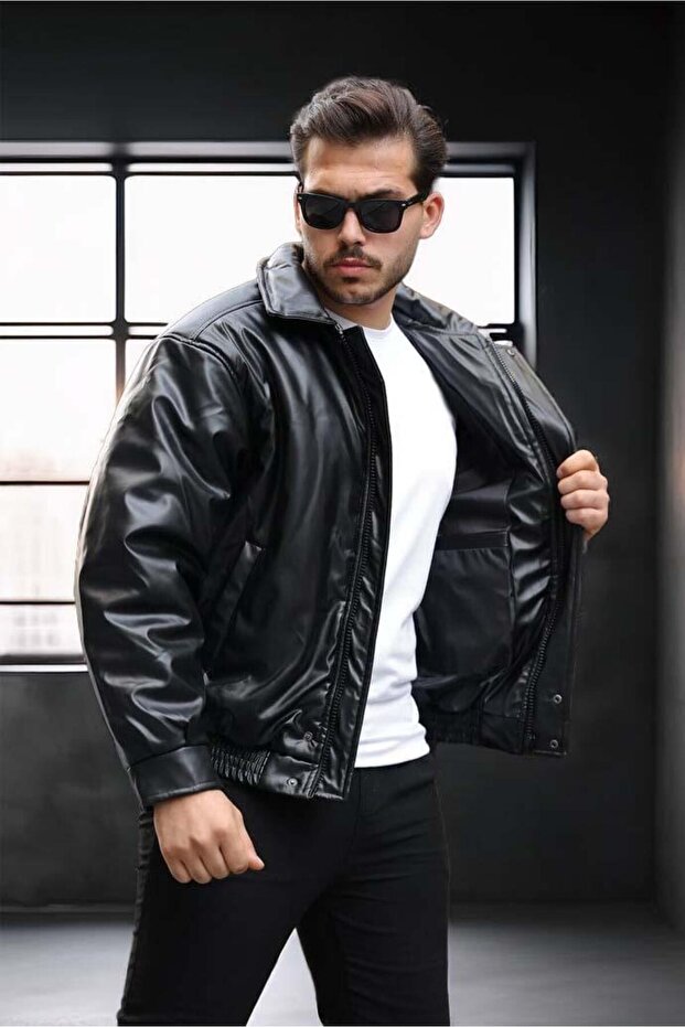 Oversize Premium Leather Jacket - Black - 1