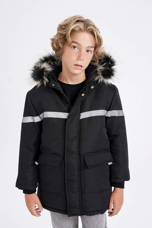 Erkek Çocuk Çıkarılabilir Suni Kürk Yaka Kapüşonlu Pelüş Astar Parka C8786A824WN - 3
