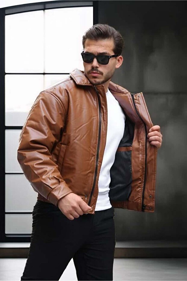 Oversize Premium Deri Ceket/Mont - Taba - 4