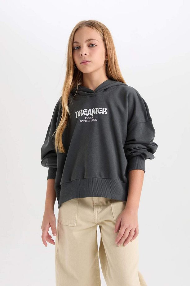 Kız Çocuk Oversize Kapüşonlu Baskılı Sweatshirt D7040A824WN - 4