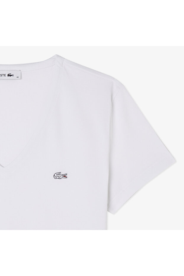 Kadın Slim Fit V Yaka Beyaz T-Shirt - 4
