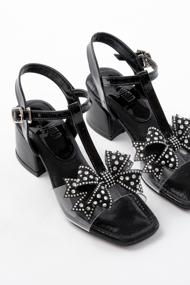 Girl's Black Pole Bow Heeled Evening Dress Shoes