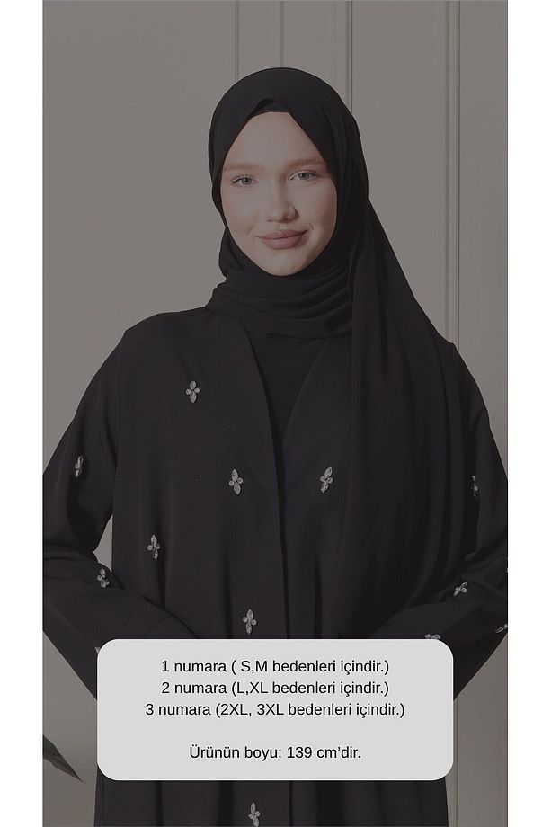 Siyah Önü Çıtçıtlı Cepli Taş İşlemeli Abaya - Ferace - 8