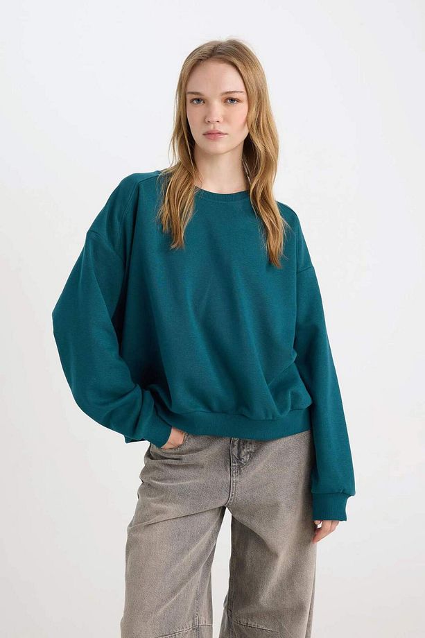 Coool Oversize Geniş Kalıp Bisiklet Yaka Basic Düz Kalın Siyah Sweatshirt D9022AXNS - 8
