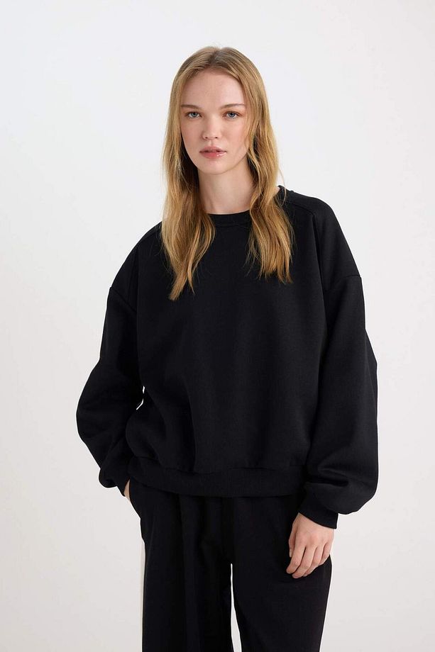 Coool Oversize Geniş Kalıp Bisiklet Yaka Basic Düz Kalın Siyah Sweatshirt D9022AXNS - 8