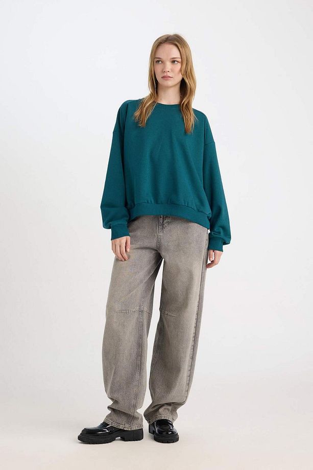 Coool Oversize Geniş Kalıp Bisiklet Yaka Basic Düz Kalın Siyah Sweatshirt D9022AXNS - 7