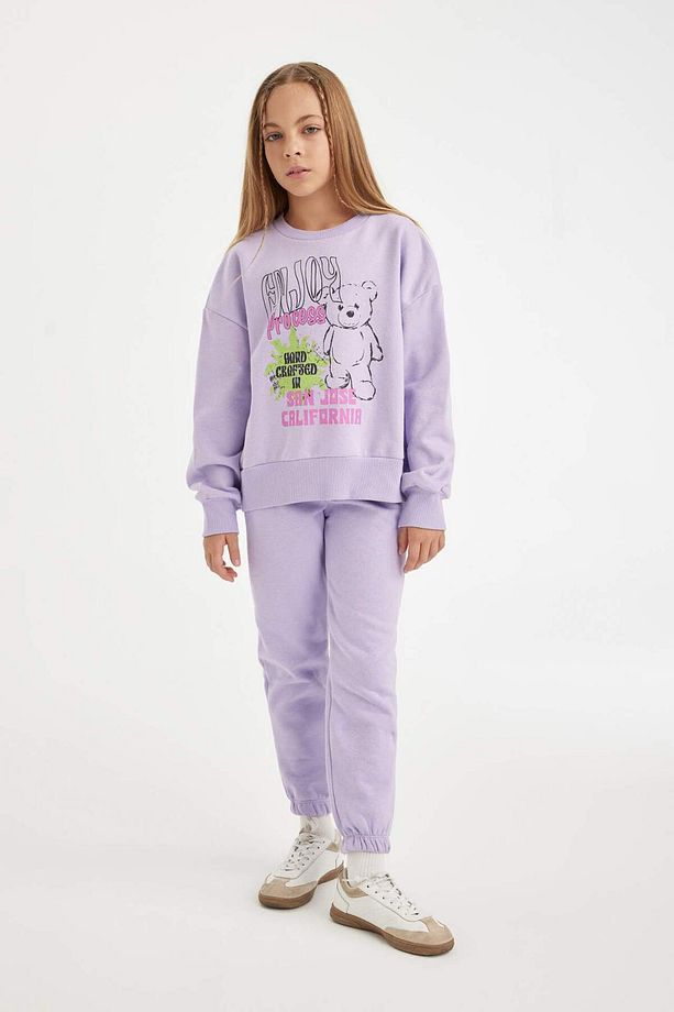 Kız Çocuk 2li Takım Baskılı Bisiklet Yaka Sweatshirt Beli Lastikli Jogger Eşofman Altı D2218A824WN - 4
