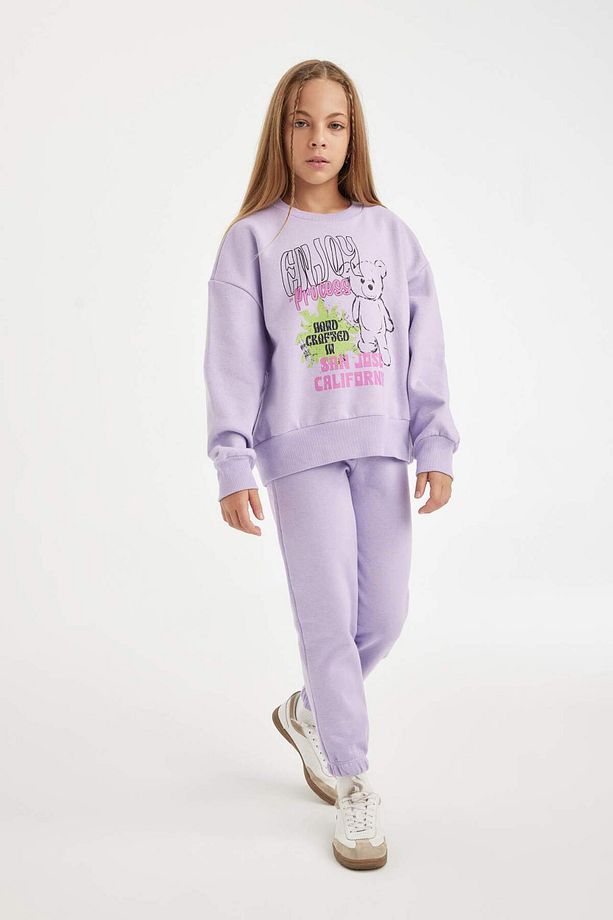 Kız Çocuk 2li Takım Baskılı Bisiklet Yaka Sweatshirt Beli Lastikli Jogger Eşofman Altı D2218A824WN - 3