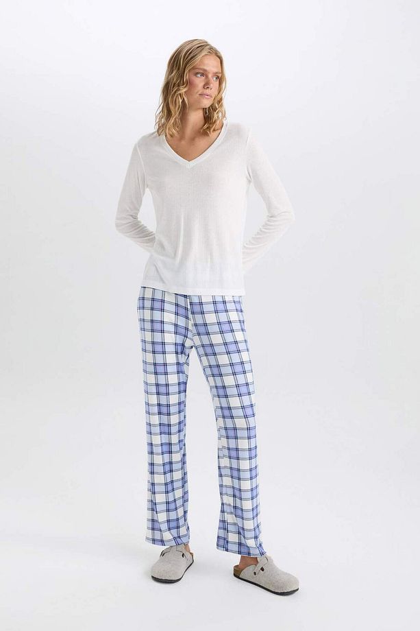 Pijama Takımı V Yaka Uzun Kollu Basic Düz Üst Kareli Beli Lastikli Alt-Fall in Love C5438AX24AU - 3