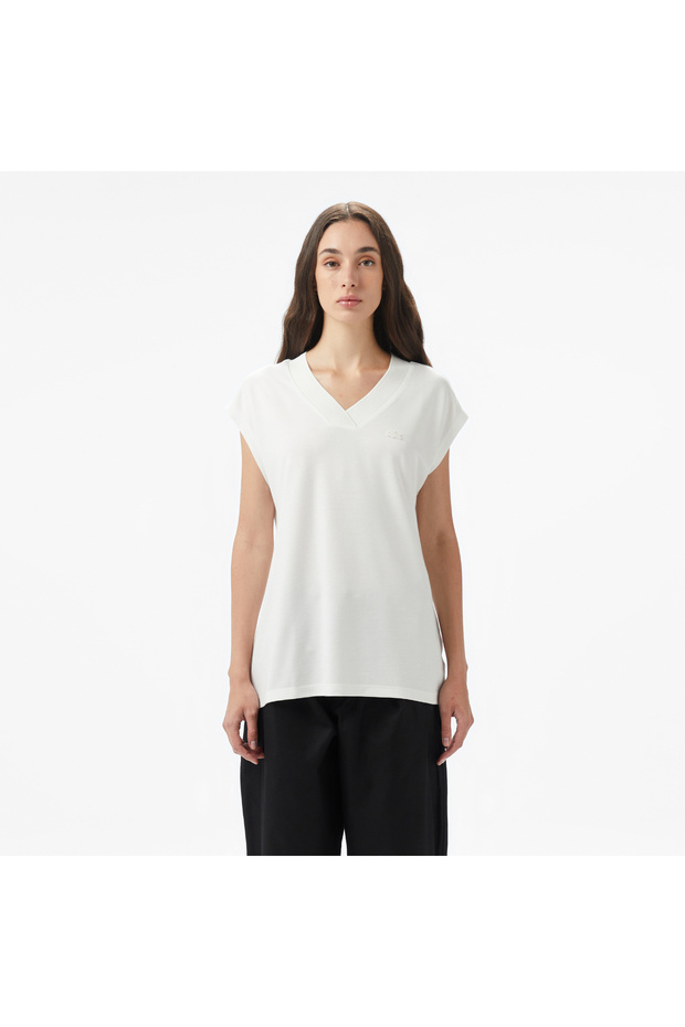 Kadın Slim Fit V Yaka Beyaz T-Shirt - 1