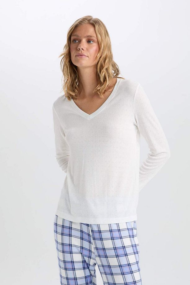 Pijama Takımı V Yaka Uzun Kollu Basic Düz Üst Kareli Beli Lastikli Alt-Fall in Love C5438AX24AU - 4