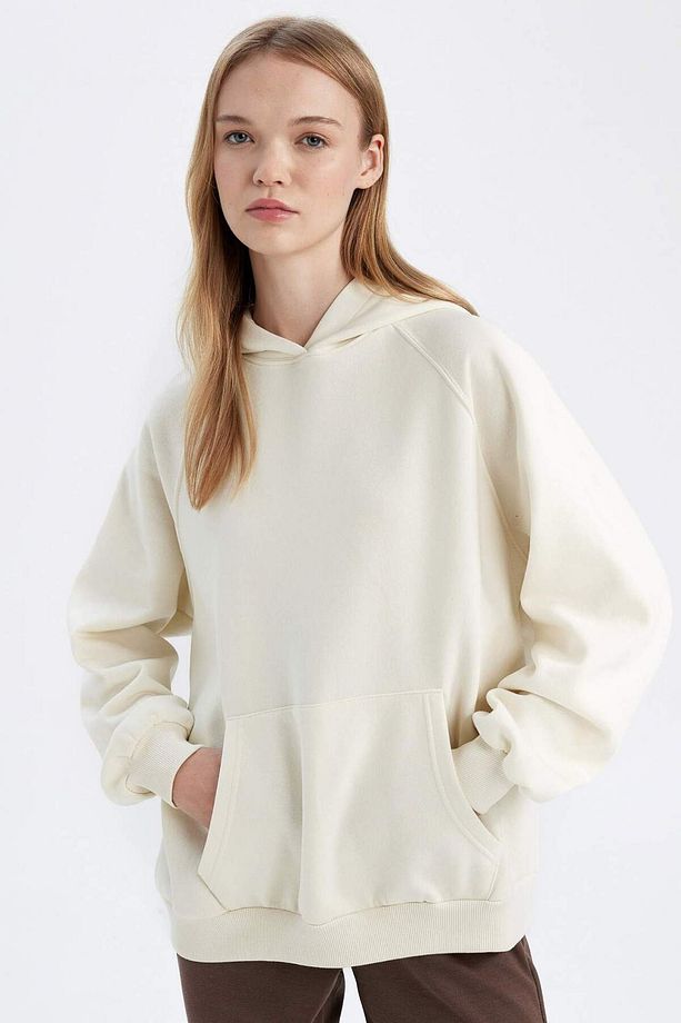 Oversize Geniş Kalıp Kapüşonlu Kanguru Cepli Kalın Basic Düz Sweatshirt C7805AX24WN - 1