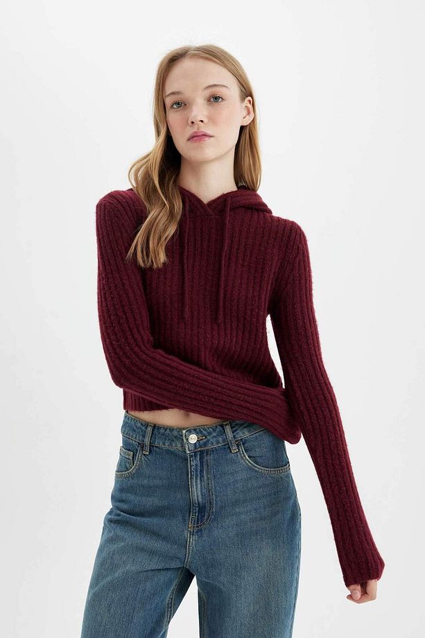 Regular Fit Basic Düz Kapüşonlu Crop Triko Kazak C7333AX24WN - 3