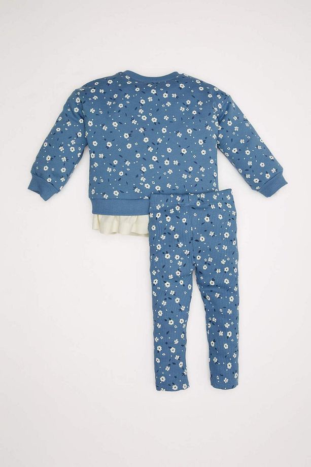 Kız Bebek 2'li Takım Çiçekli Sweatshirt Üst Beli Lastikli Uzun Tayt Alt D5147A524WN - 6