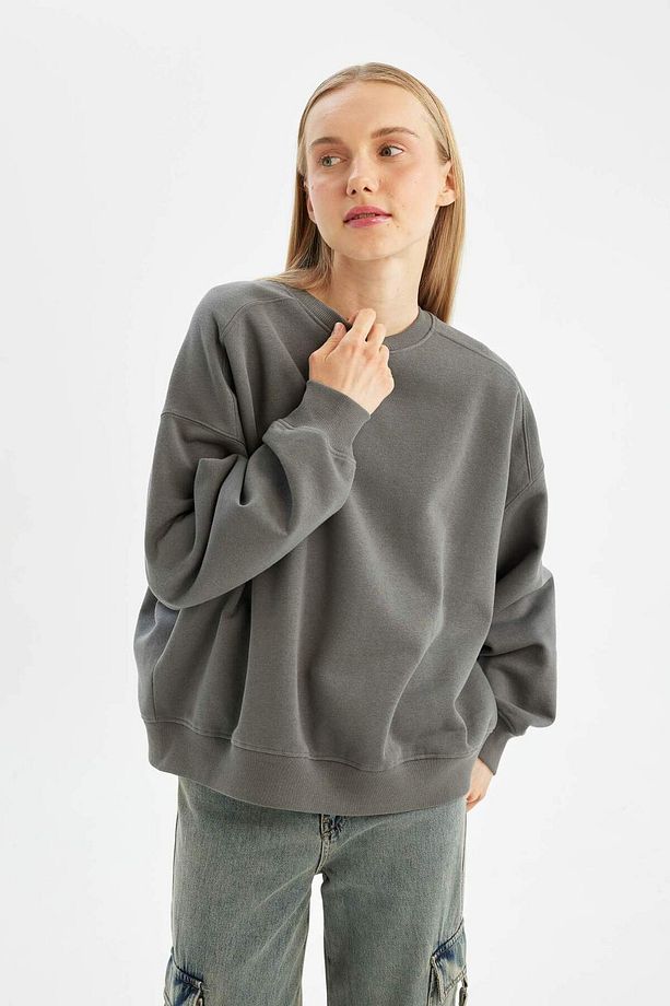 Coool Oversize Geniş Kalıp Bisiklet Yaka Kalın Basic Düz Sweatshirt A4177AX24WN - 4