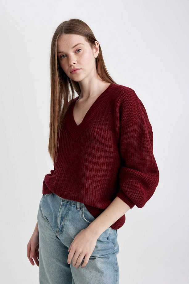 Okula Dönüş Oversize Geniş Kalıp V Yaka Basic Düz Triko Kazak Z7135AZ24WN - 1