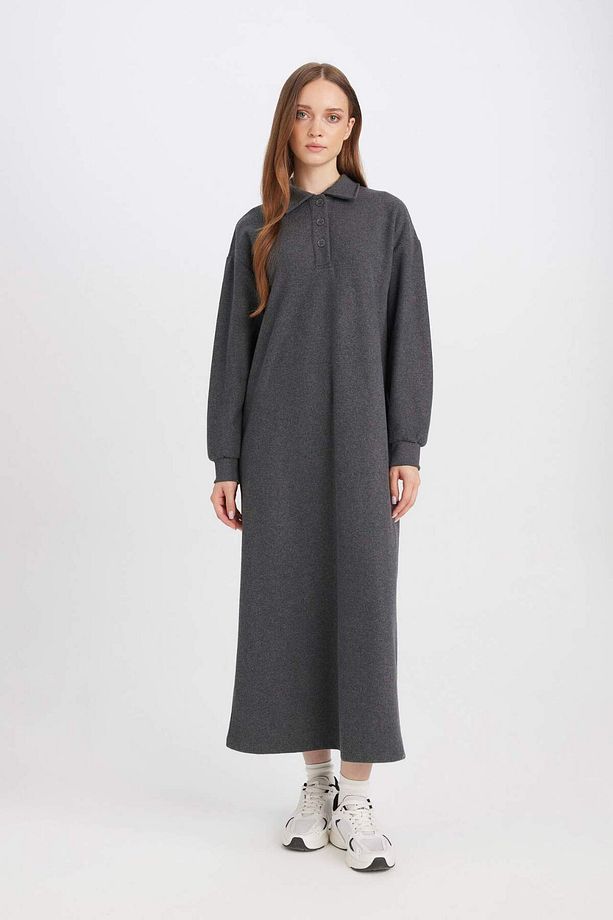 Regular Fit Gömlek Yaka Selanik Kumaş Uzun Kollu Maxi Elbise B7260AX24WN - 1