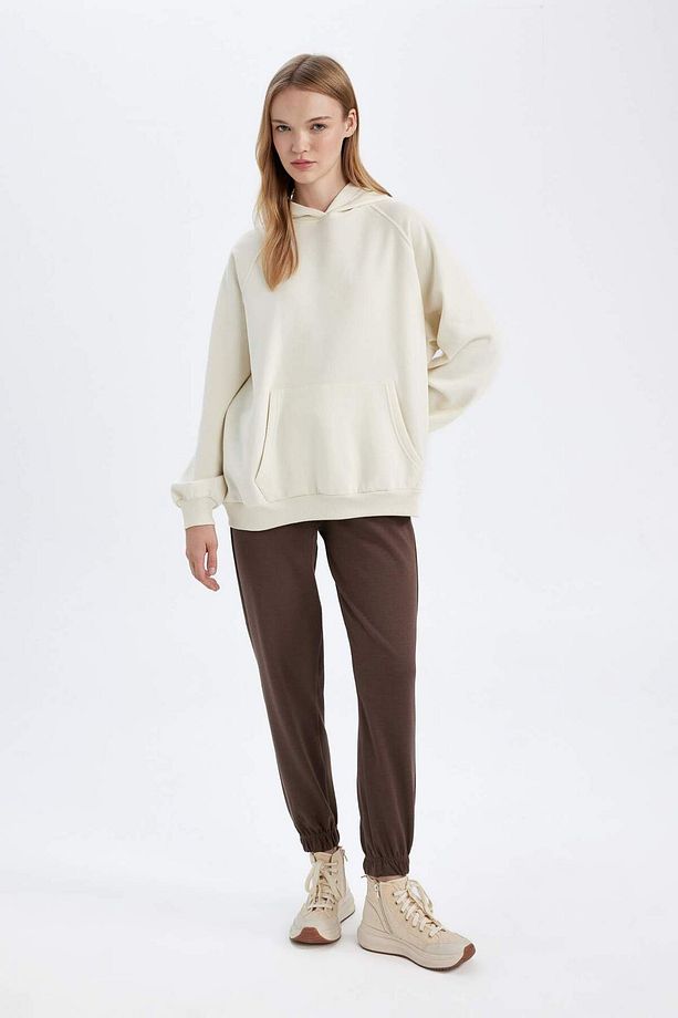 Oversize Geniş Kalıp Kapüşonlu Kanguru Cepli Kalın Basic Düz Sweatshirt C7805AX24WN - 2