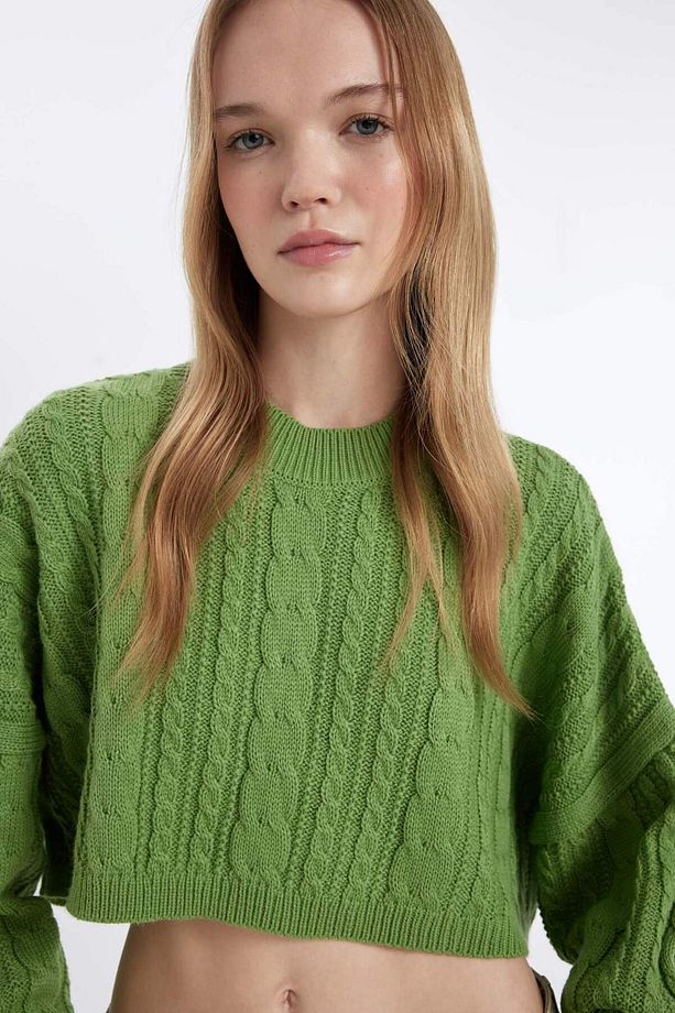 Coool Regular Fit Crop Bisiklet Yaka Saç Örgülü Triko Kazak T4518AZ24WN - 4