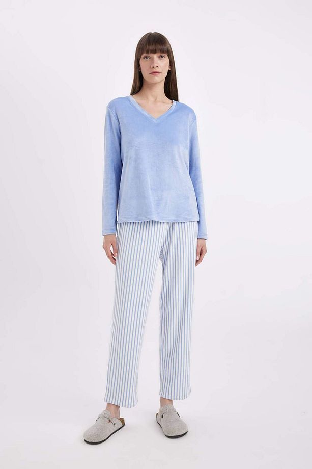 Fall in Love Pijama Takım V Yaka Basic Düz Uzun Kollu Velur Üst Çizgili Beli Lastikli Alt A6205AX2 - 1