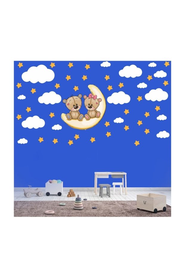 Cute Twin Bears Stars And Clouds Kids Room Sticker