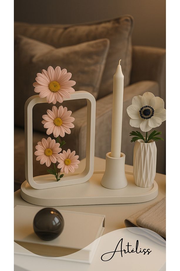 Bohem Iskandinav Tarzı Modern 3’lü Dikdörtgen Vazo Şamdan Mum Ve Tepsi Seti - Minimal Dekoratif Obje - 1