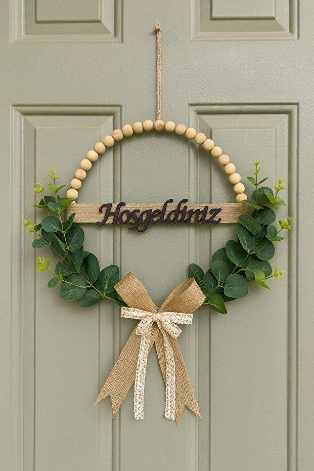 Natural Looking Artificial Eucalyptus Plant Beaded Welcome Decorative Door Ornament - 30 cm