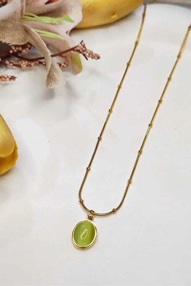 Oval Yeşil Taşlı Çelik Kolye - 3