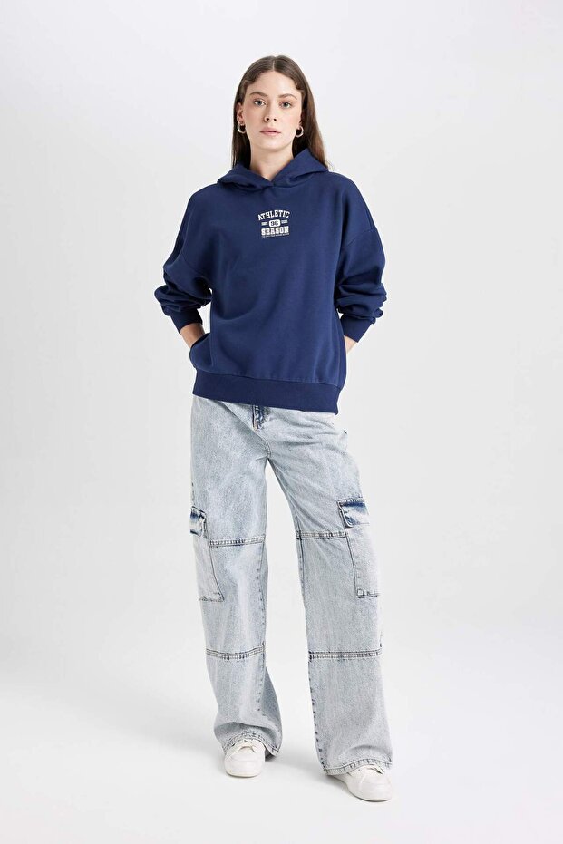 Coool Oversize Geniş Kalıp Kapüşonlu Baskılı Sweatshirt D6885AX24WN - 2