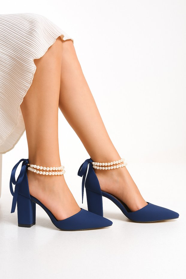 Women's Bride Navy Blue Satin Pearl Thick Heeled Special Day Wedding Wedding Bridal Shoes