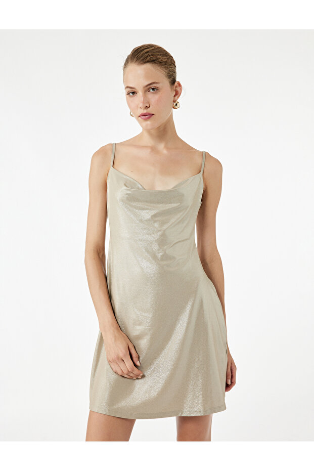 Silvery Sleeveless Degaje Collar Mini Dress with Rope Strap
