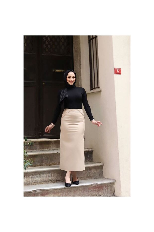 Kumaş Kalem Etek Ekru - 4