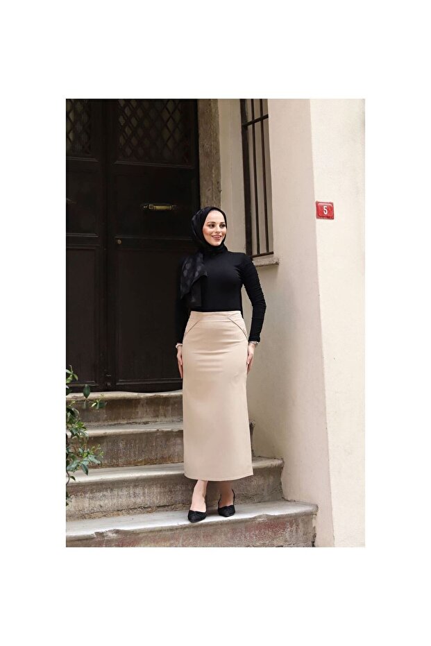 Kumaş Kalem Etek Ekru - 1