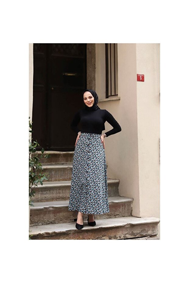 Düğmeli Viscon Etek Mavi - 4