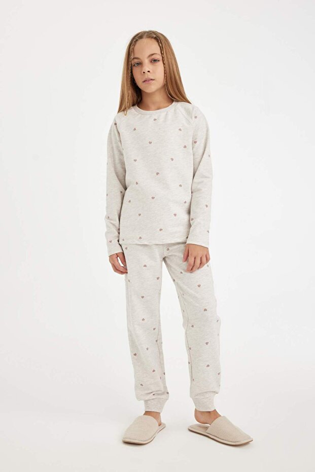 Kız Çocuk Pijama Takımı Kalp Baskılı Uzun Kollu Üst Uzun Alt D3728A824AU - 3