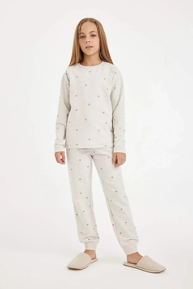Kız Çocuk Pijama Takımı Kalp Baskılı Uzun Kollu Üst Uzun Alt D3728A824AU - 1
