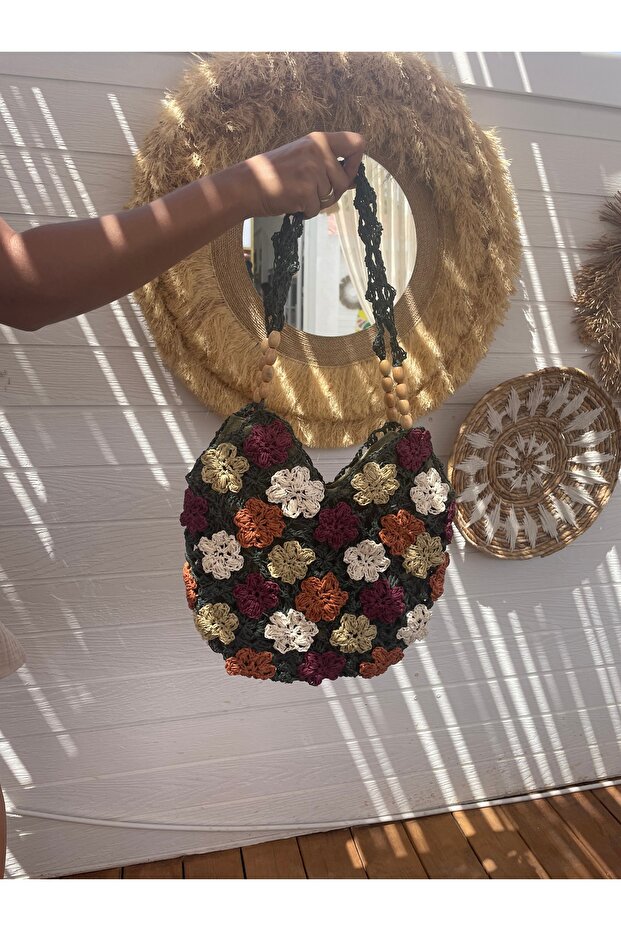 Çiçek desenli el örmesi çanta - 8