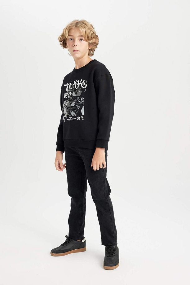 Erkek Çocuk Siyah Oversize Geniş Kalıp Bisiklet Yaka Baskılı Sweatshirt D5680A824WN - 2