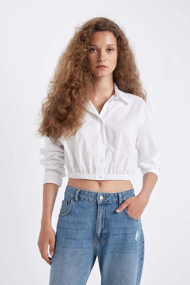Oversize Geniş Kalıp Basic Düz Etek Ucu Lastikli Poplin Uzun Kollu Gömlek D4006AX24AU - 3