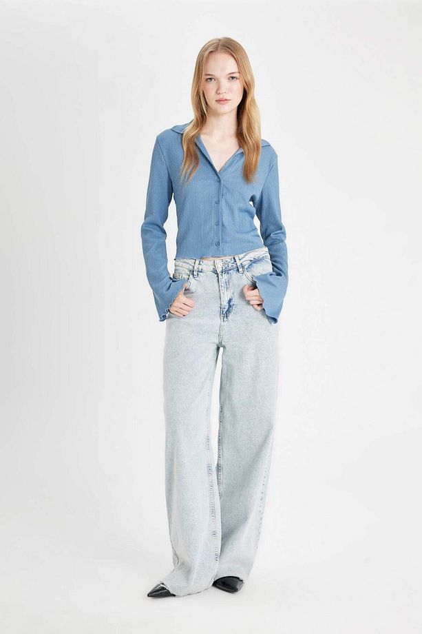 Coool Fitted Basic Düz Düğmeli Uzun Kollu Crop Siyah Gömlek A0012AX24AU - 2