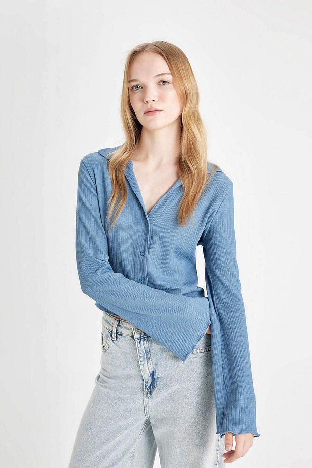 Coool Fitted Basic Düz Düğmeli Uzun Kollu Crop Siyah Gömlek A0012AX24AU - 4