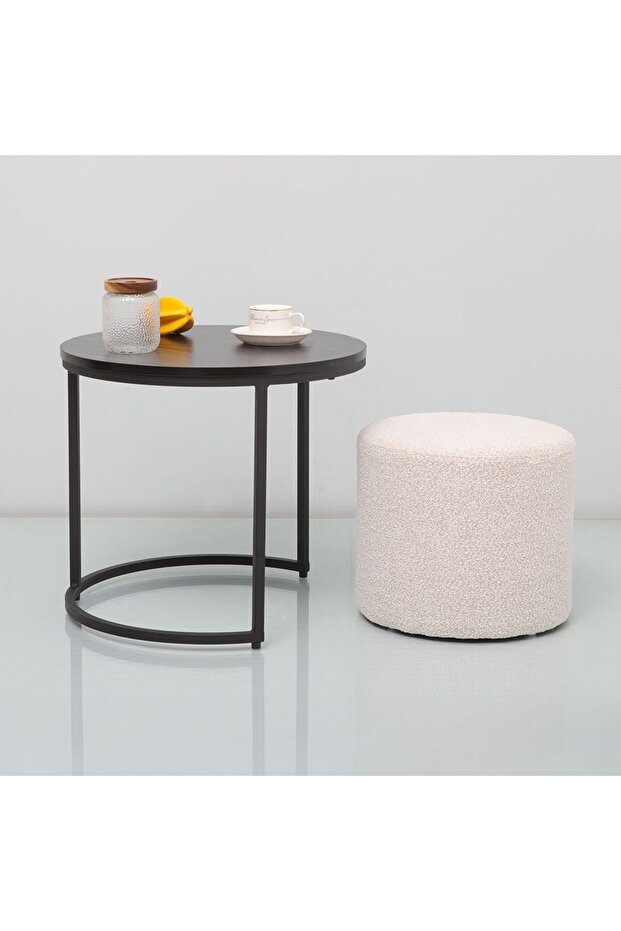 Myro Coffee Table + Stool Set - Black/White - Space-Saving Design, Metal/Wood, 2-Year Warranty