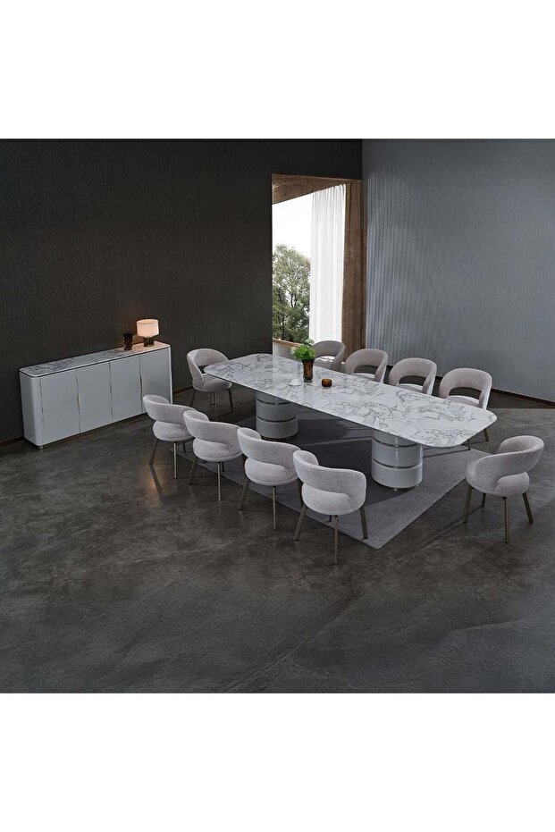 Fortville 1+10 High Gloss Dining Set - Light Grey / Brushed Light Gold