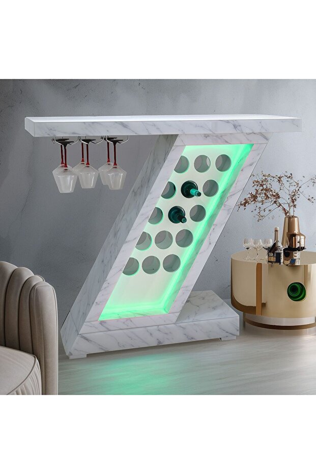 Bar Counter with Wine Rack + Bottle Holder & LED Lights + Bluetooth Speakers - White - With